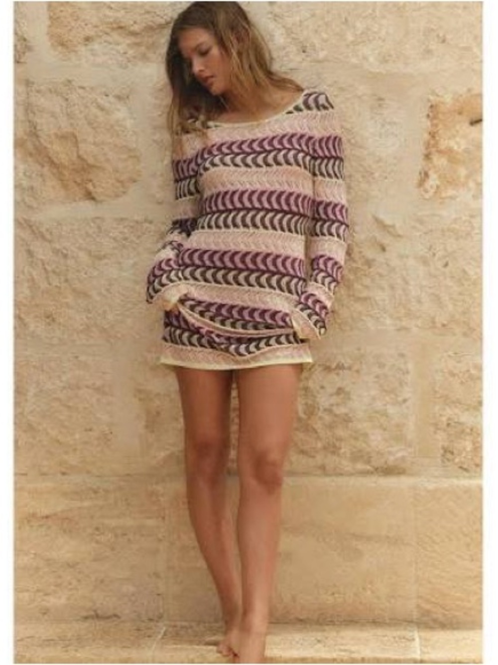 Zara Textured Knit Crochet Tunic Sweater Dress in Cream and Purple